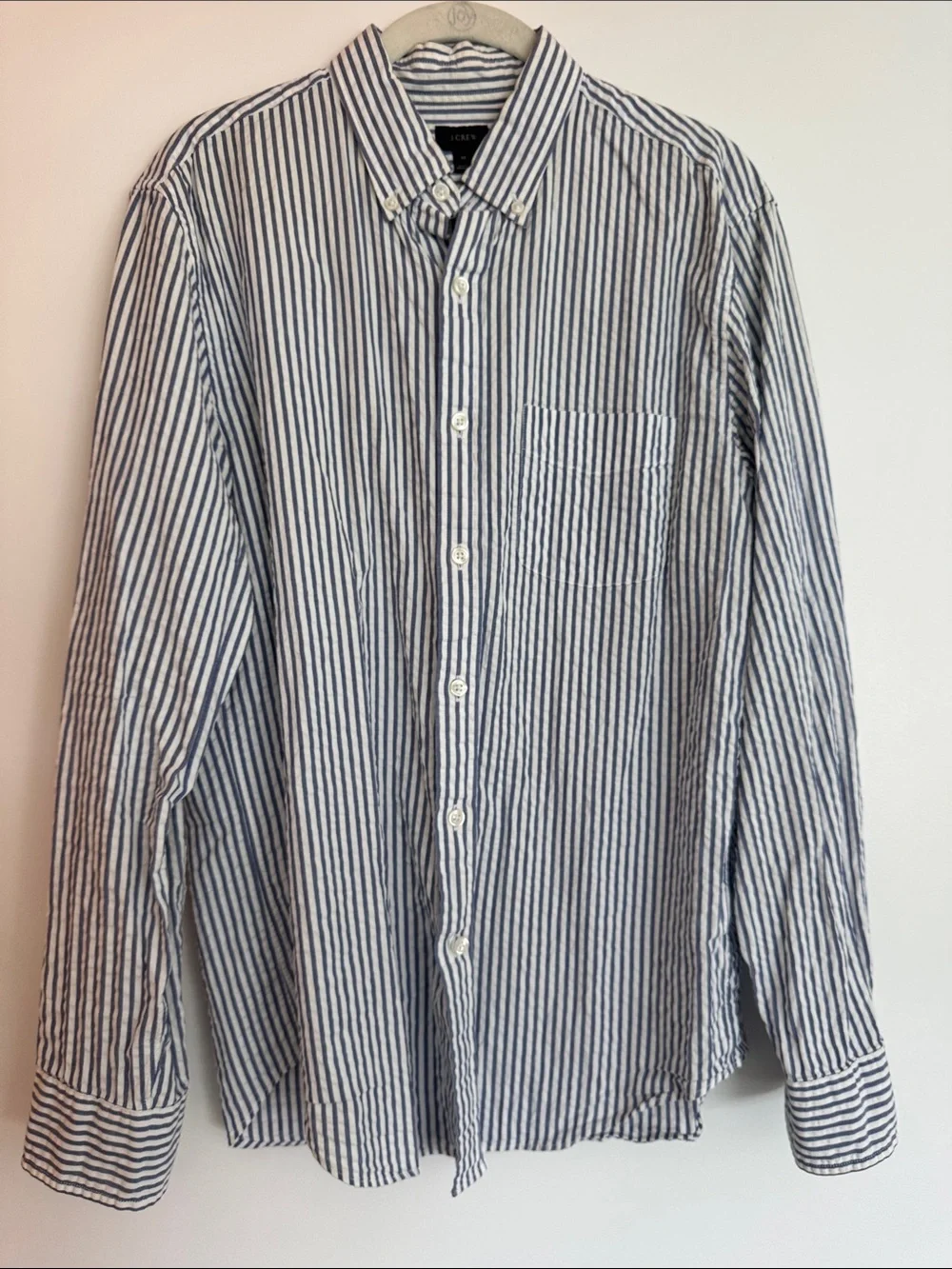 J. Crew Men’s Blue and White Striped Seersucker Button-Down Shirt
